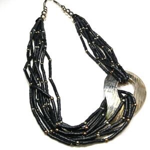 Black Beaded Silver Off-side Pendant Necklace, Silver Copper Beads, 26 Inches